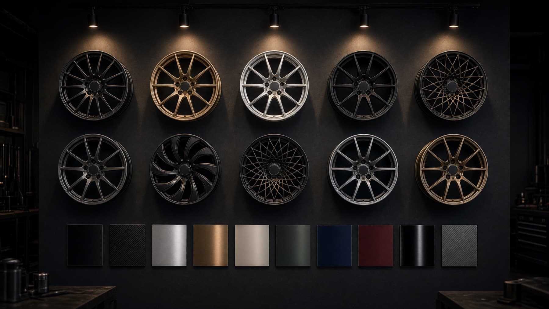 A dark workshop wall with a curated collection of wheels and wrap swatches