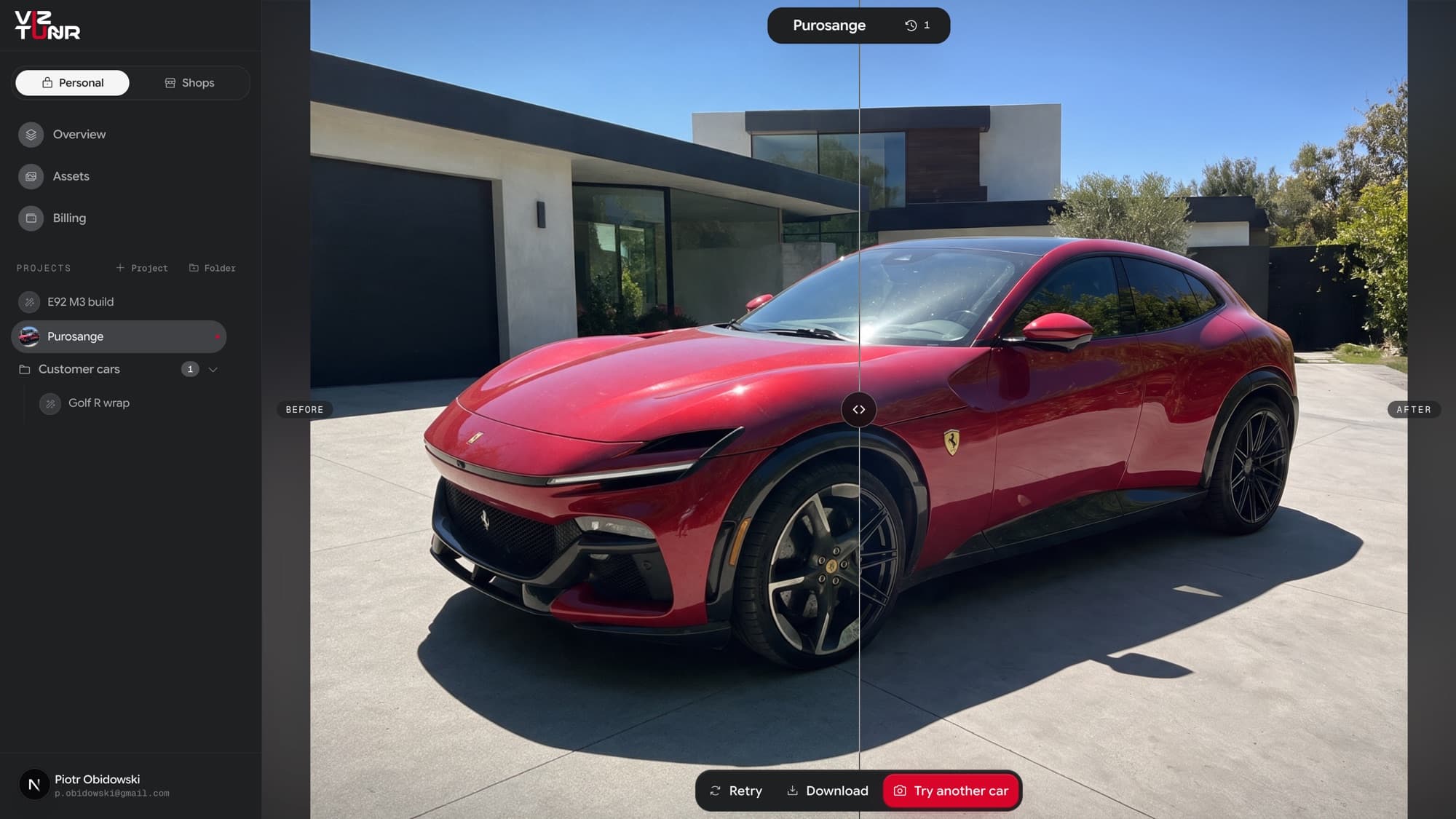 A finished render on the before/after comparison slider, with Retry, Download, and Try another car actions below