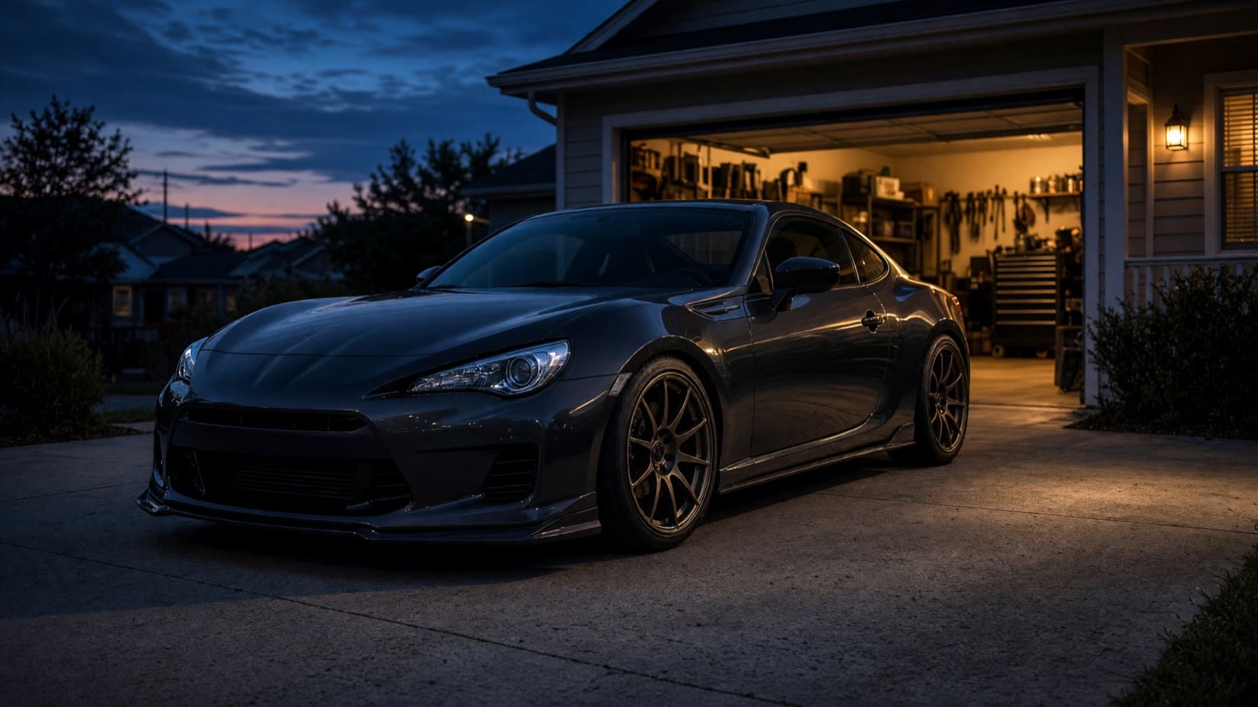 An enthusiast's project car with fresh bronze wheels in a home driveway at dusk