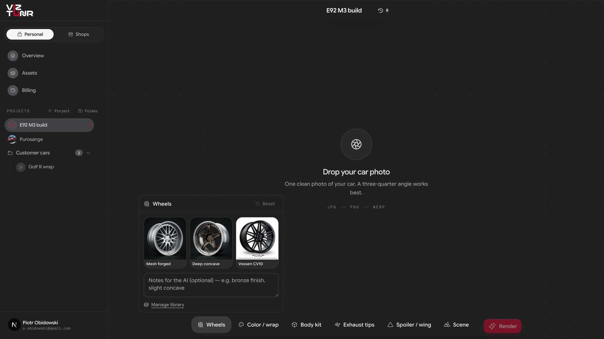 The Wheels panel open over the editor, showing three saved wheel assets, a notes field, and a Manage library link