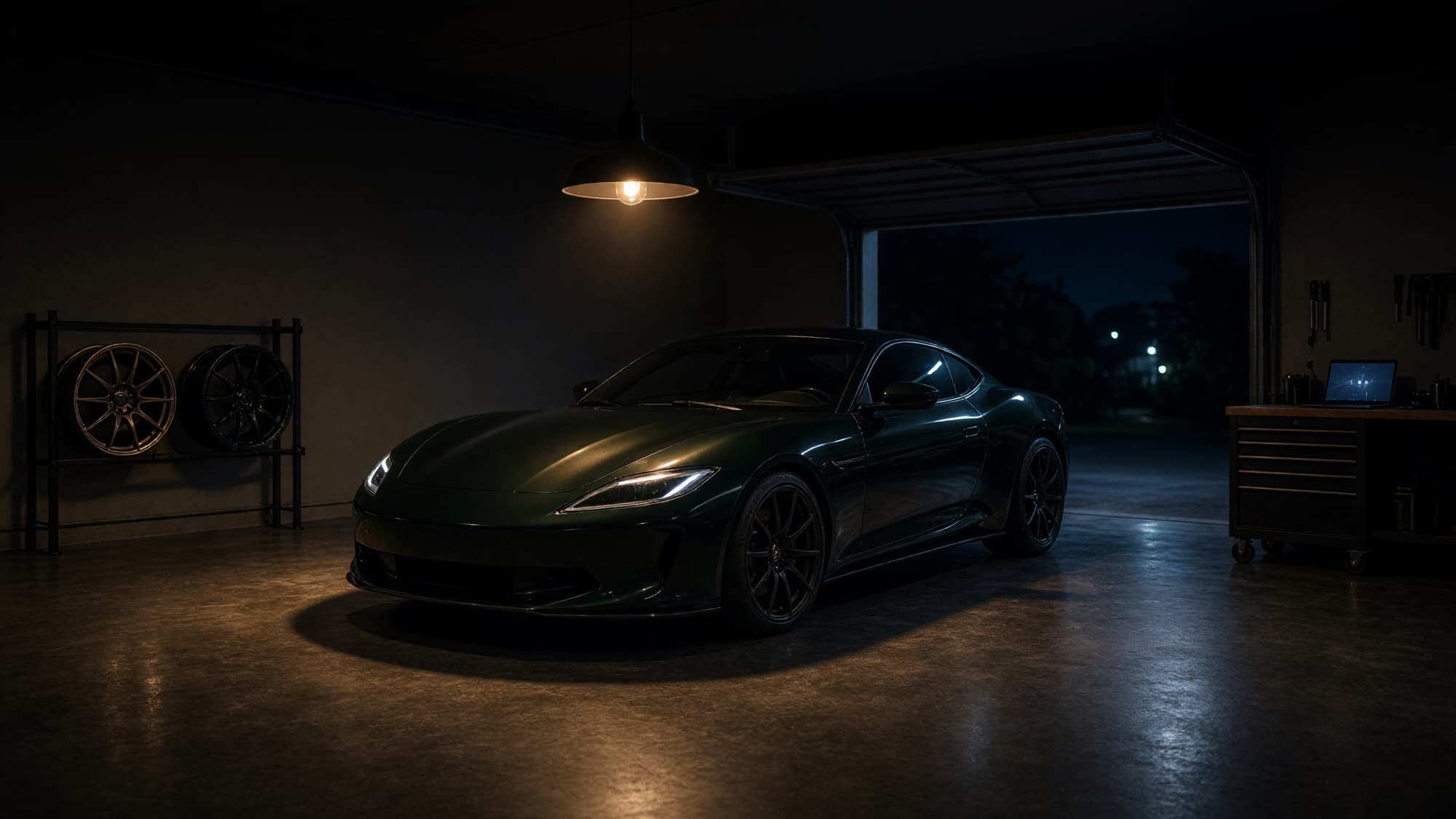 A single sports coupe under one light in a private night-time garage, with spare wheels on the wall