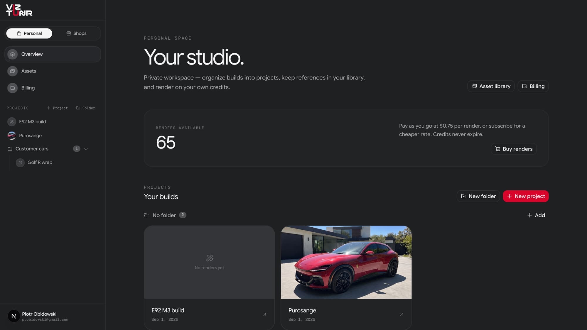 The Personal Studio overview: render balance, projects grouped into folders, and the sidebar with Overview, Assets, and Billing