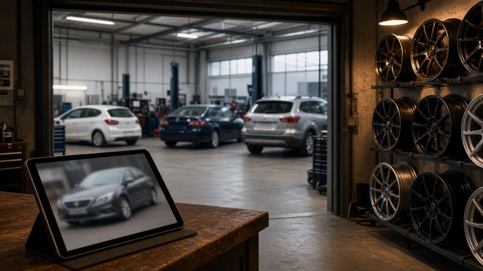 A wheel shop's service counter with a tablet showing a customer's car photo, three customer cars in the bays behind and a wall rack of wheels