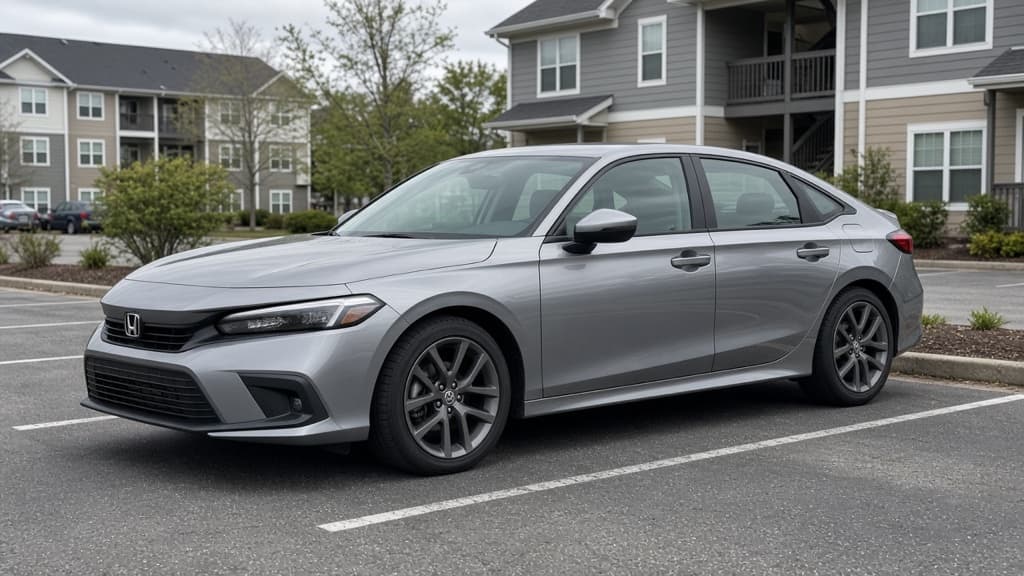 A stock silver Honda Civic on factory wheels in an apartment parking lot