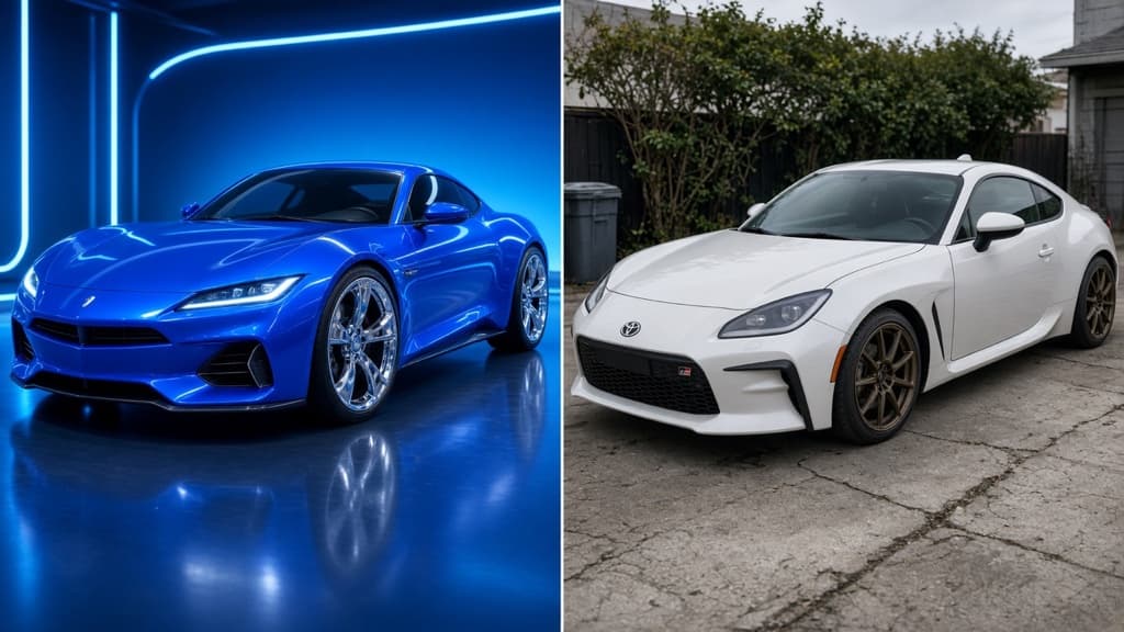 A video-game style car customizer render next to a real Toyota GR86 on bronze wheels in a driveway