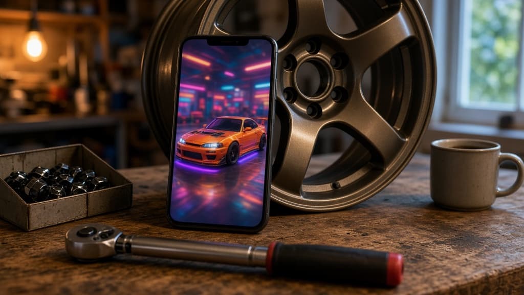 A phone showing a mobile car tuning game propped against a real bronze wheel on a workbench