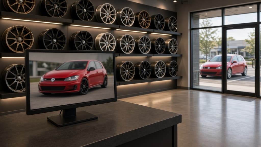 A wheel shop counter with a monitor showing a customer's red Golf GTI rendered on new black wheels