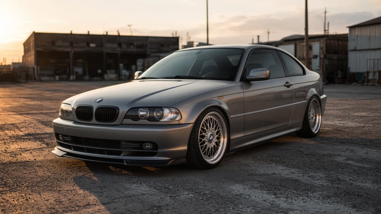 A modified BMW E46 3-series coupe on BBS-style mesh wheels with a front lip