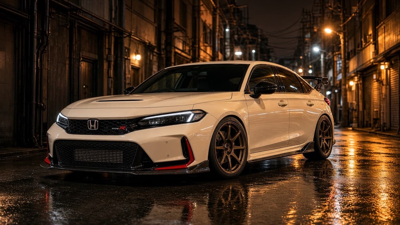 A modified FL5 Honda Civic Type R in championship white on bronze wheels