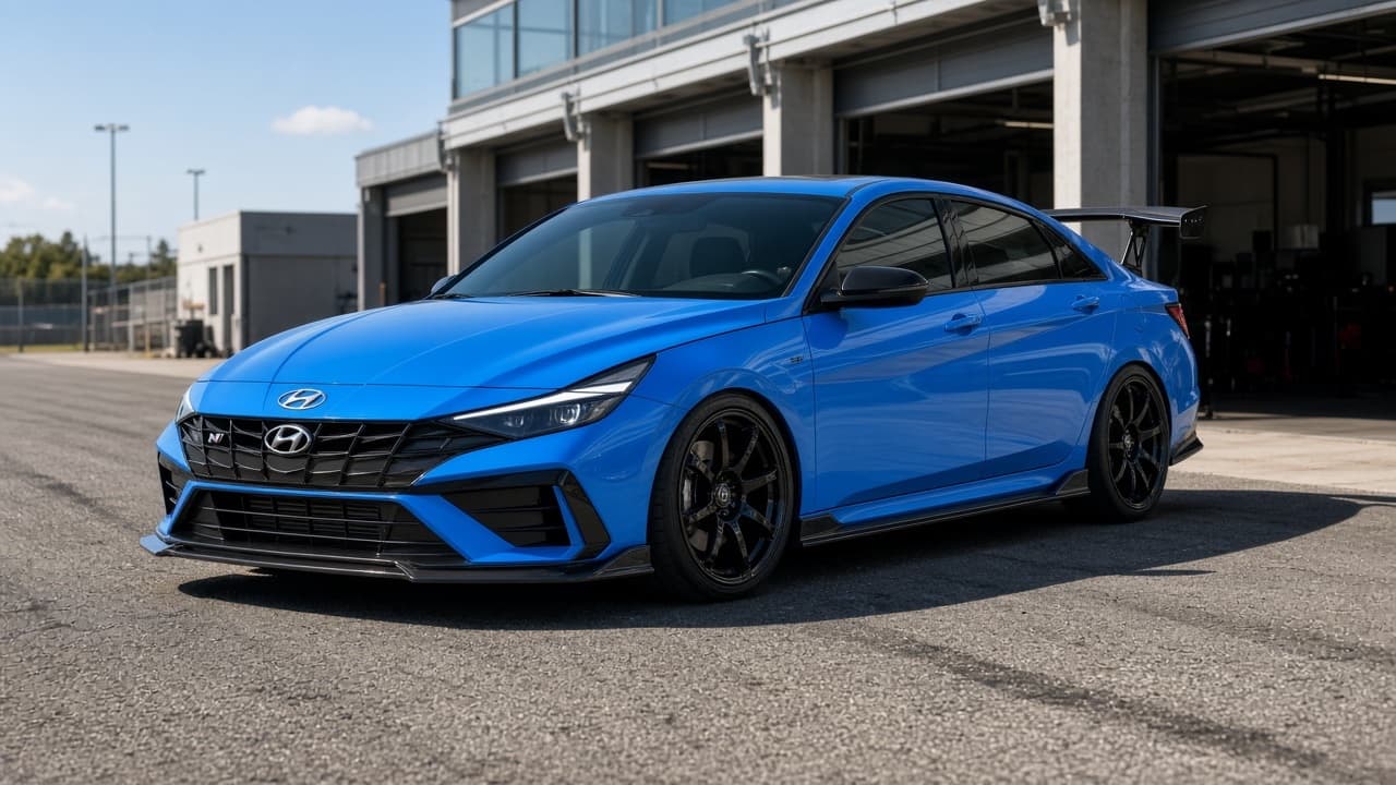 A modified Hyundai Elantra N in performance blue with a splitter and rear wing
