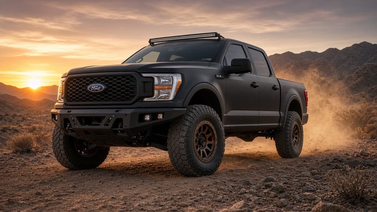 A lifted Ford F-150 on 35-inch all-terrain tires with an off-road bumper and light bar