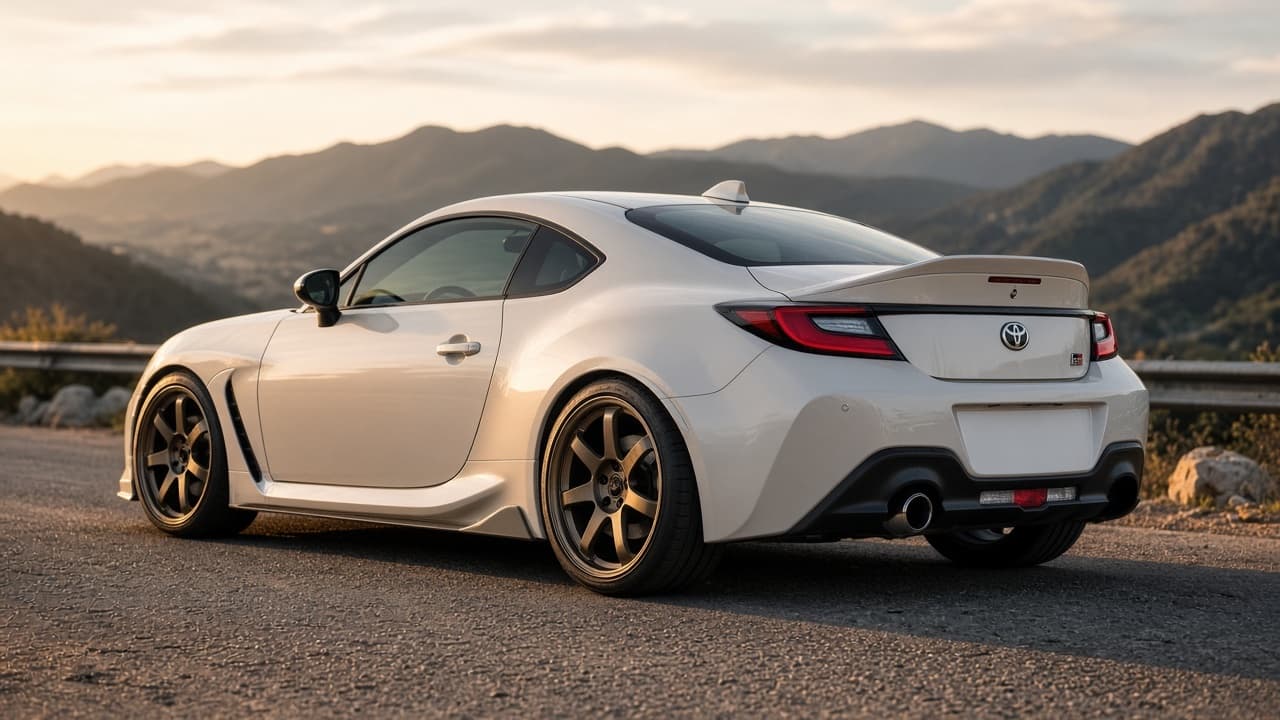 A modified Toyota GR86 on bronze wheels with a ducktail spoiler