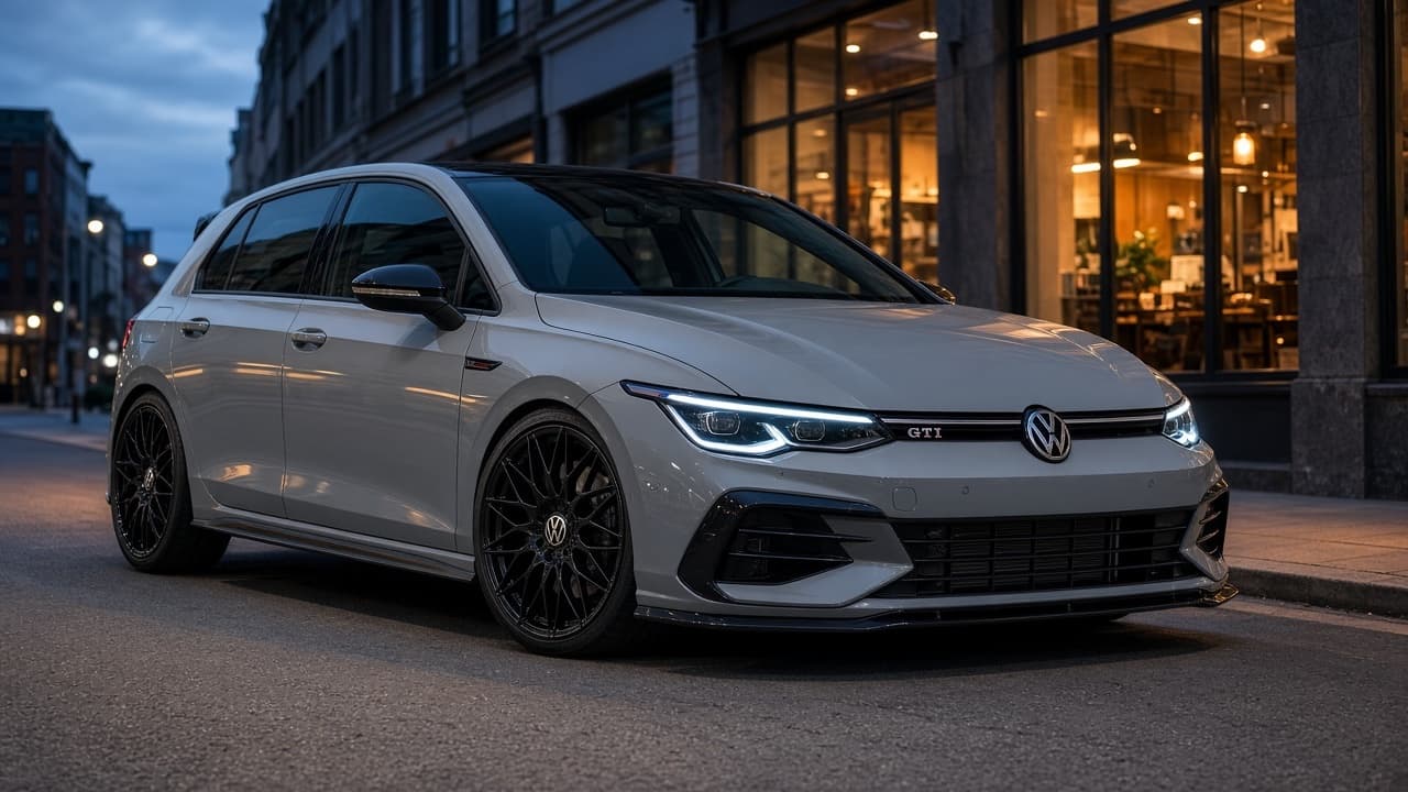 A modified MK8 Volkswagen Golf GTI in nardo gray on black mesh wheels