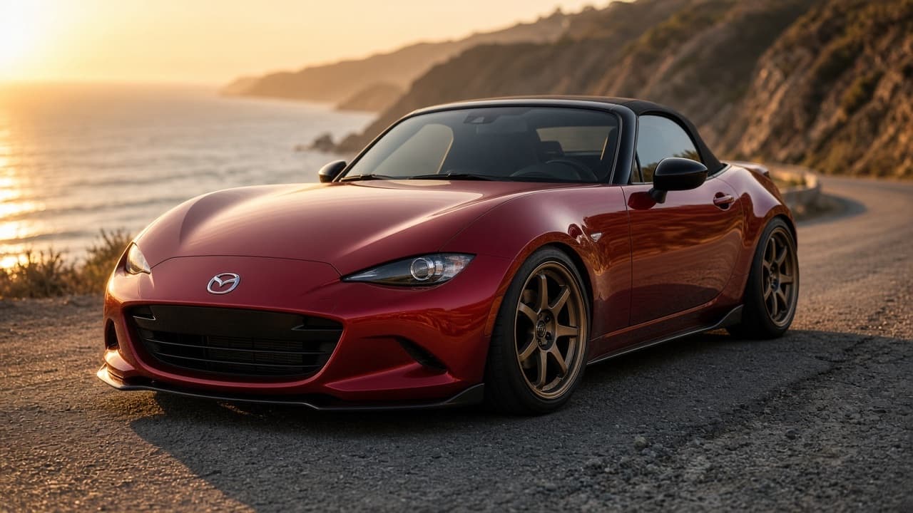 A modified ND Mazda MX-5 Miata on bronze wheels with a front lip and ducktail