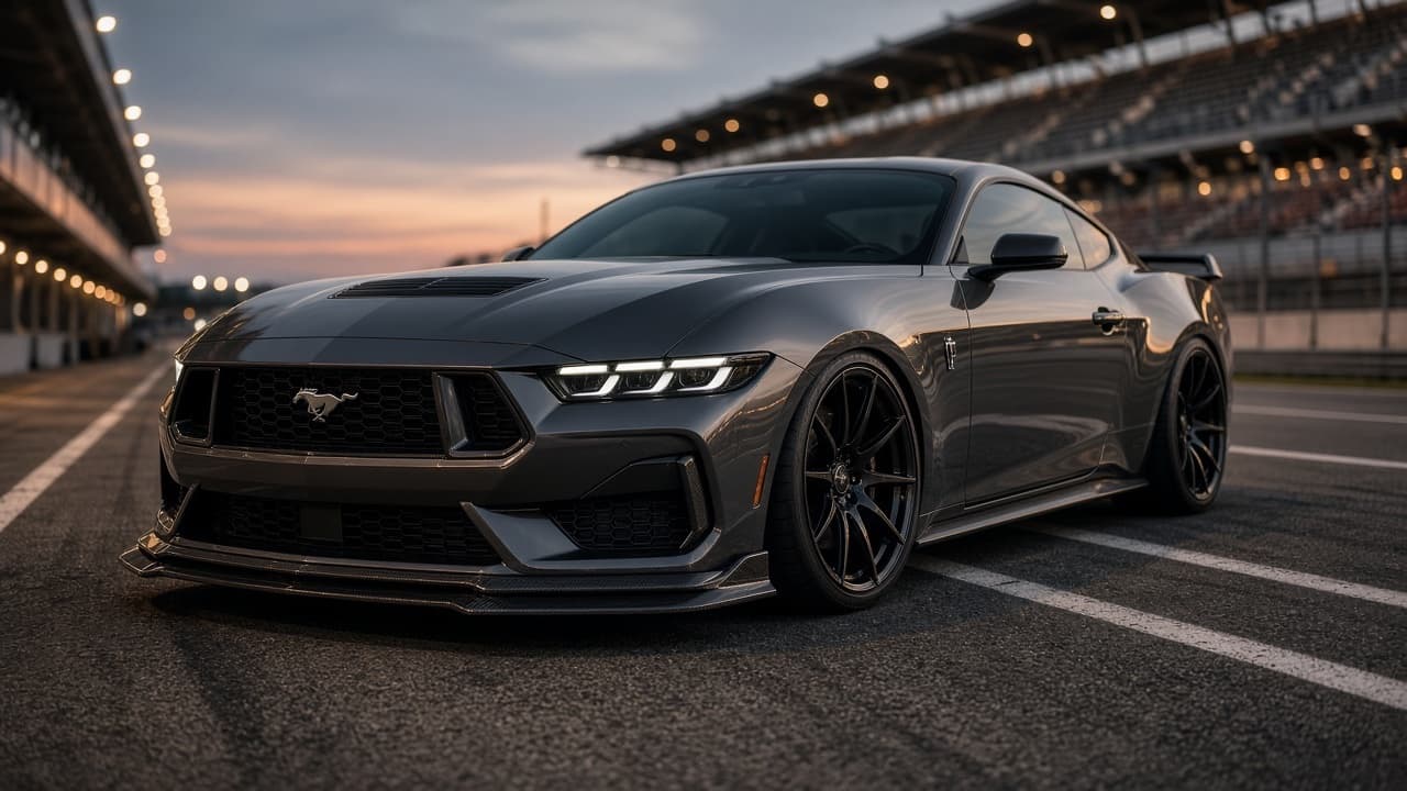 A modified S650 Ford Mustang GT on black concave wheels with a carbon splitter