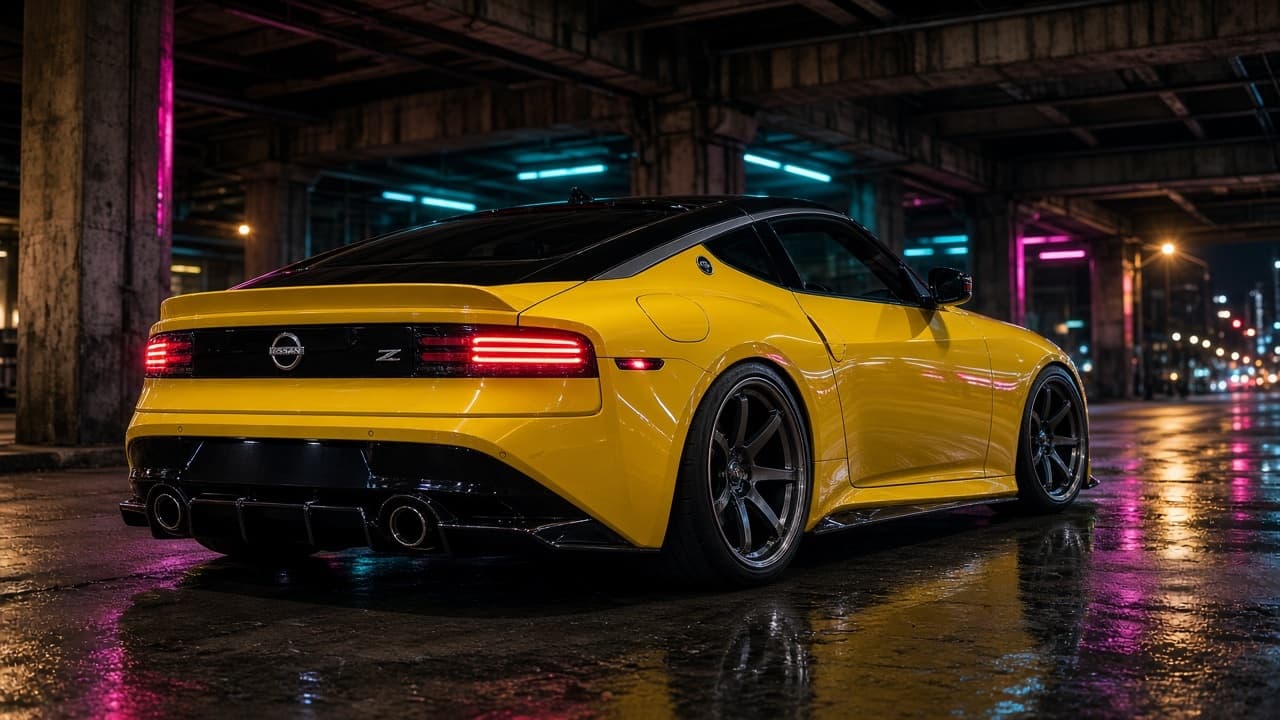 A modified RZ34 Nissan Z in yellow on deep dish wheels with a rear diffuser