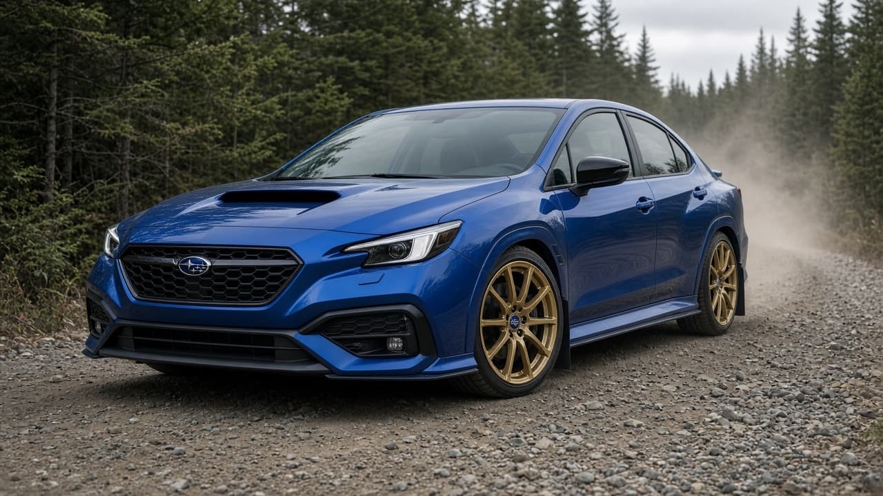 A modified Subaru WRX in world rally blue on gold wheels with rally mud flaps