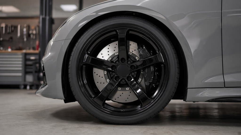 Black brake calipers nearly disappearing behind gloss black wheels on the same gray Audi RS 5