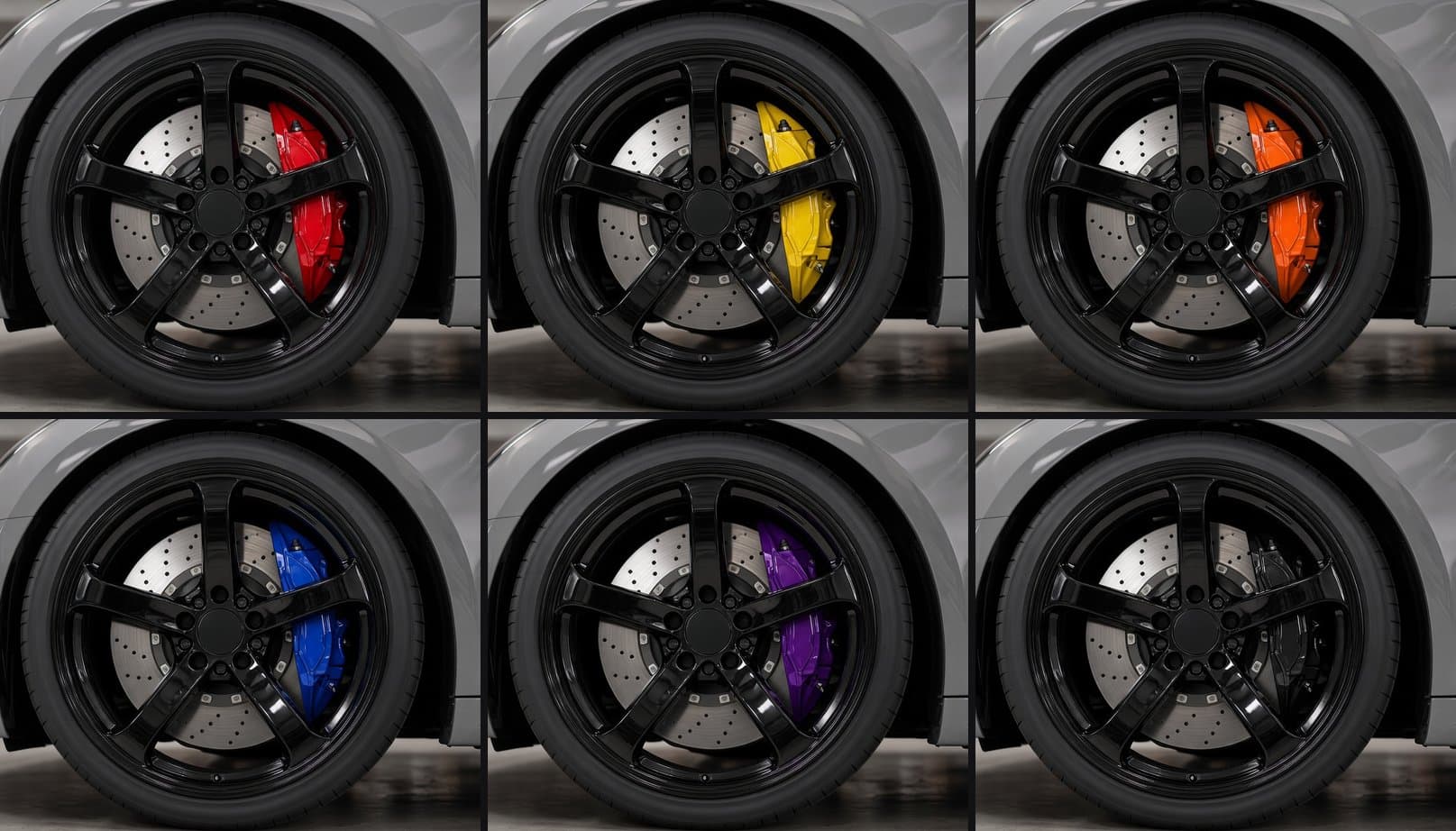 Caliper paint colors compared on the same gray Audi RS 5 wheel: red, yellow, and orange on top, blue, purple, and black below