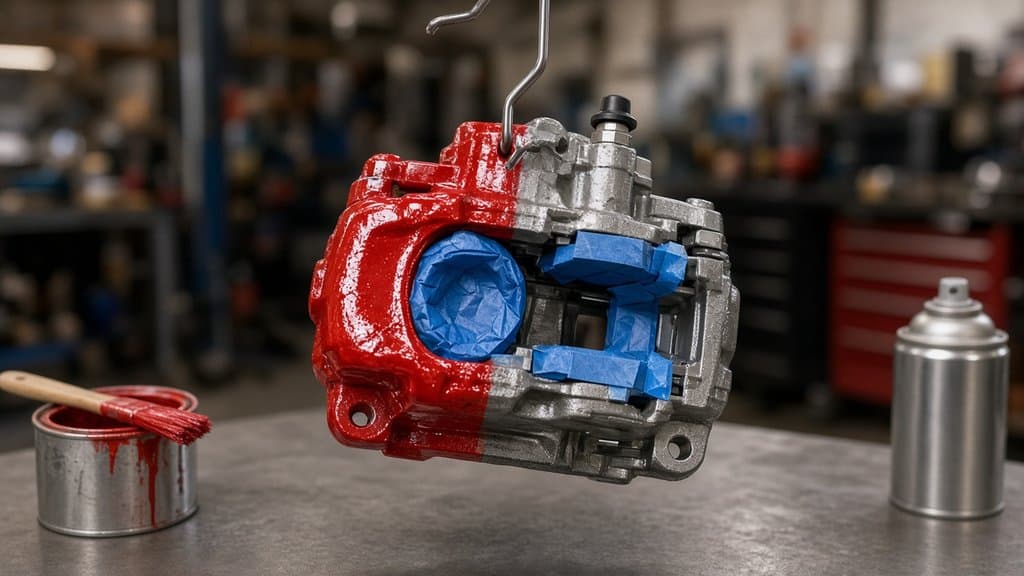 Brake caliper half-painted in red high-temperature caliper paint on a workbench, with the piston bore masked
