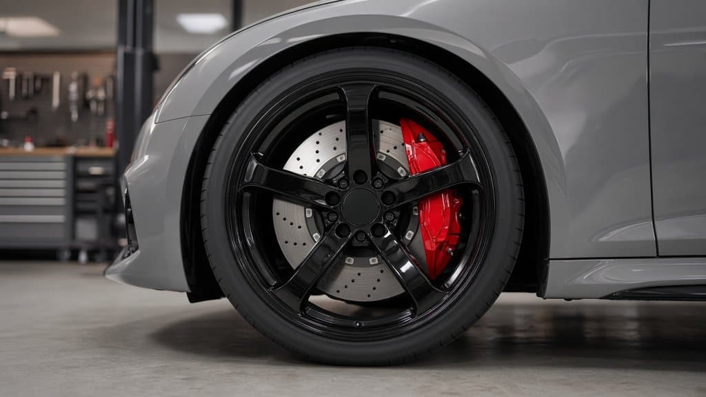 Red brake calipers behind gloss black five-spoke wheels on a gray Audi RS 5