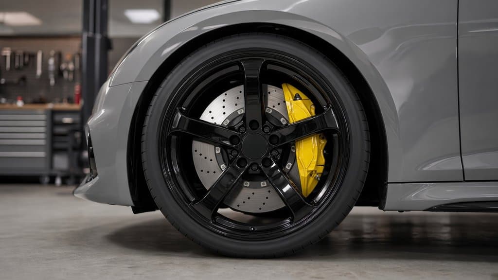Yellow brake calipers on the same gray Audi RS 5, the color most associated with carbon ceramic brakes