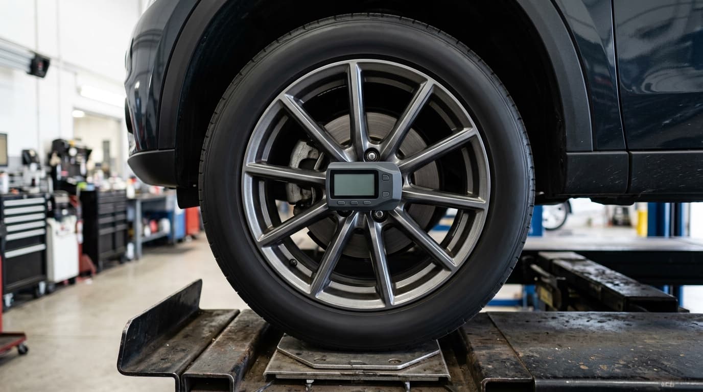 Camber gauge on an alignment rack measuring a wheel's camber angle
