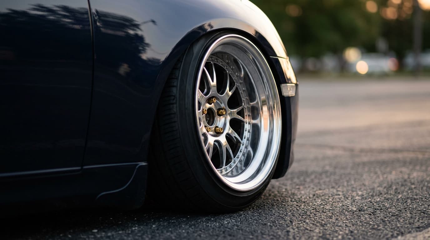 Stretched tire on a wide rim showing the angled sidewall of the hipari stance fitment