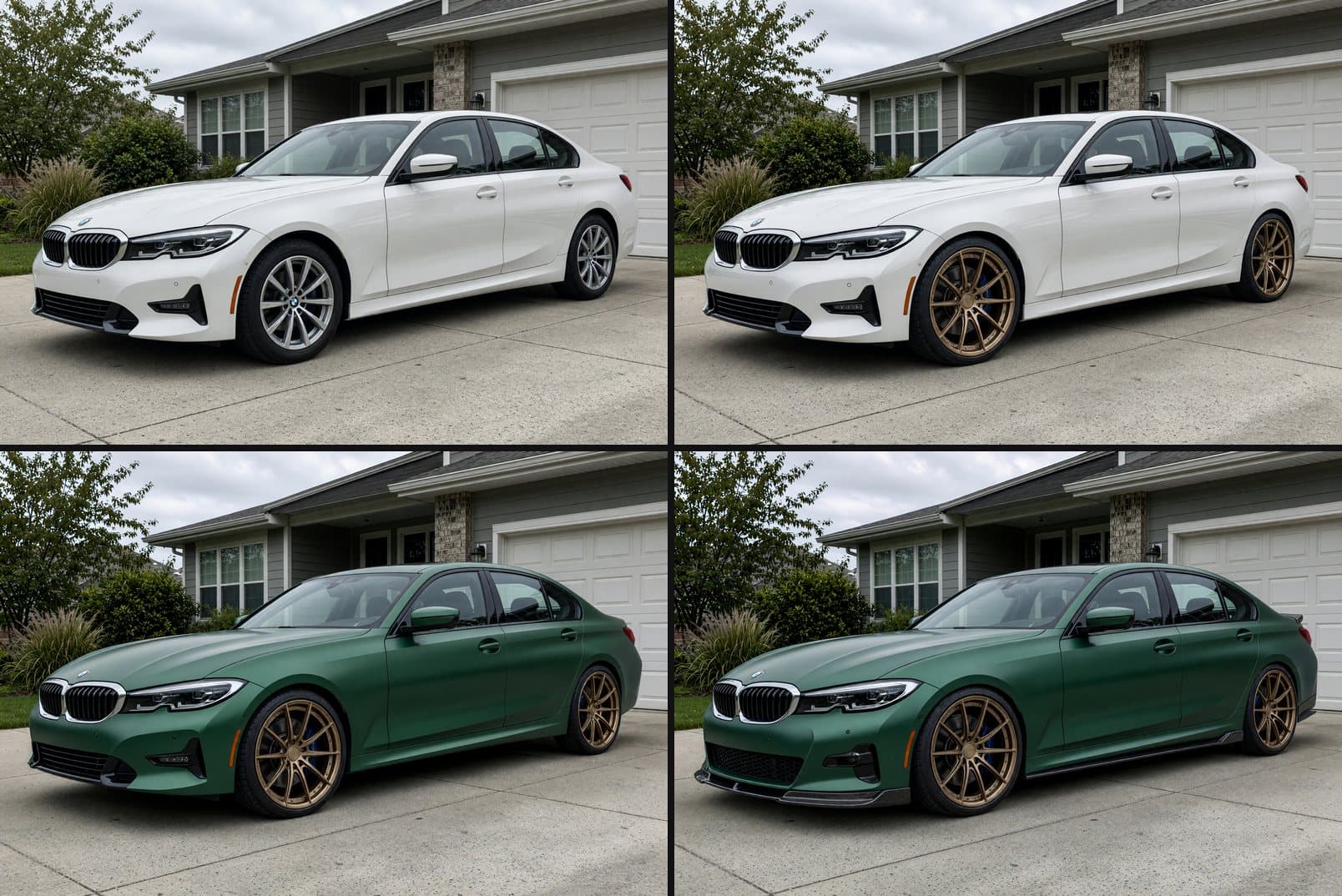 Four-step build on one BMW photo: stock, then bronze wheels, then a satin green wrap, then lowered with carbon aero