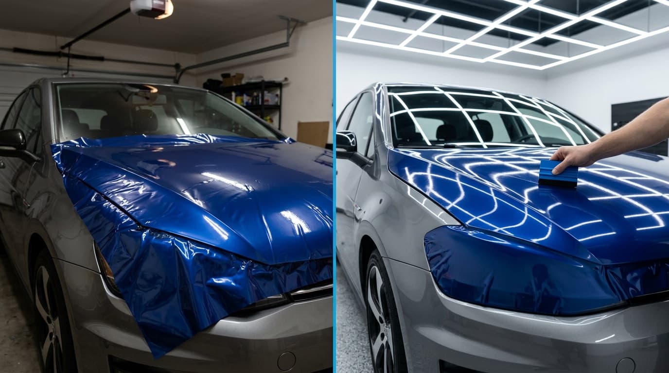 DIY versus professional wrap results on the same hood: wrinkles and bubbles versus a flawless finish