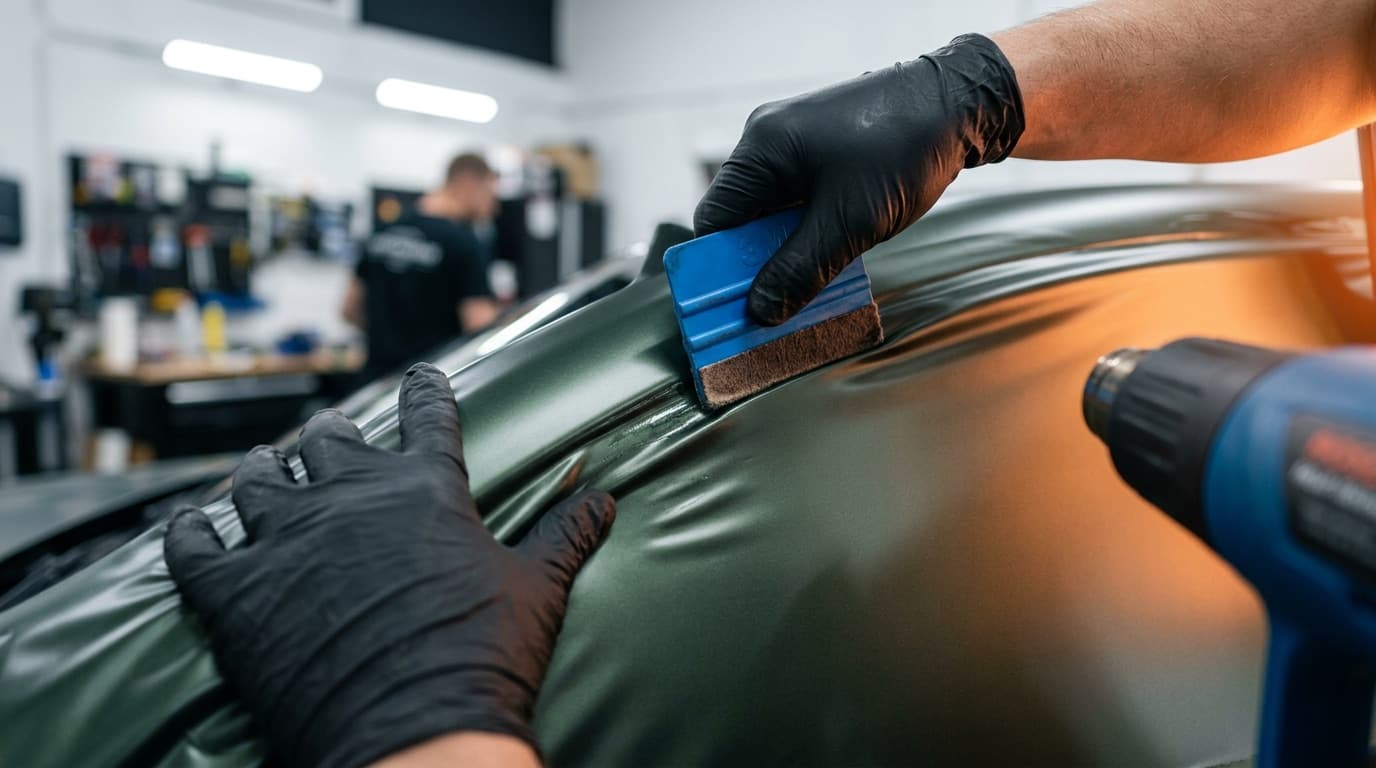 A professional installer applying satin vinyl to a car door panel with a squeegee