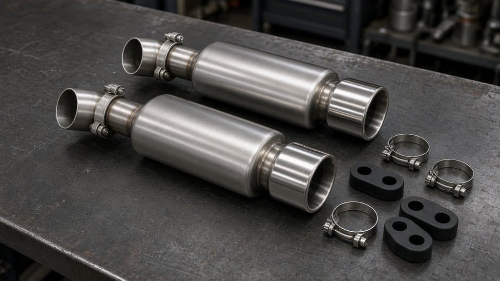 Axle-back exhaust kit on a workbench: two short sections, each with an inlet pipe, a muffler, and a tip, plus hangers and clamps
