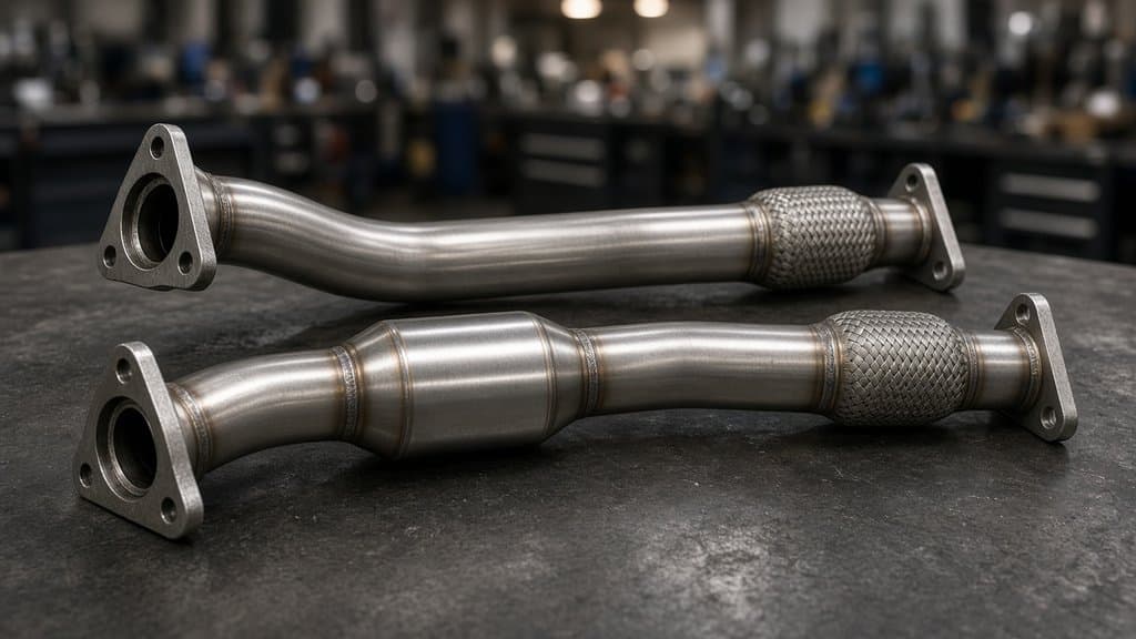 A catted downpipe with a high-flow catalytic converter next to a catless downpipe with a straight pipe in its place