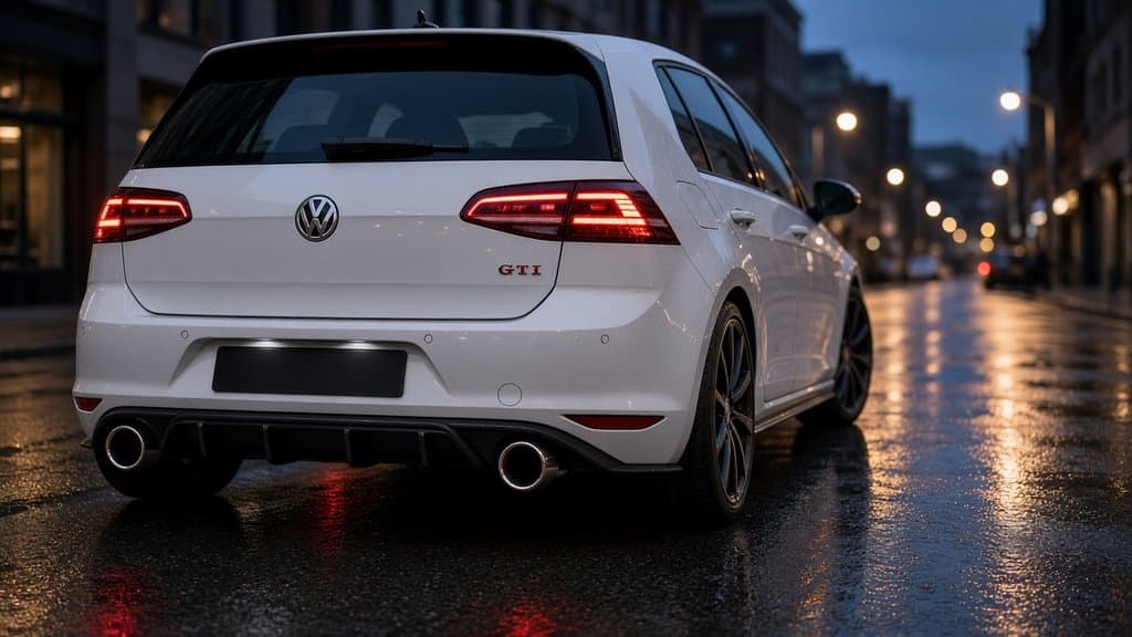 White Volkswagen Golf GTI with a cat-back exhaust and polished tips on each side of the rear diffuser at dusk