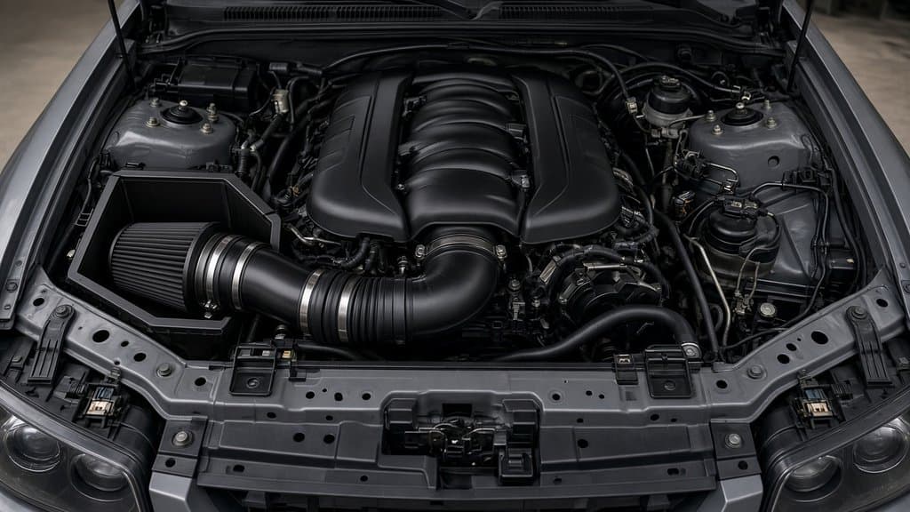 The same engine bay with a cold air intake: a cone filter inside a heat shield and a smooth black intake tube