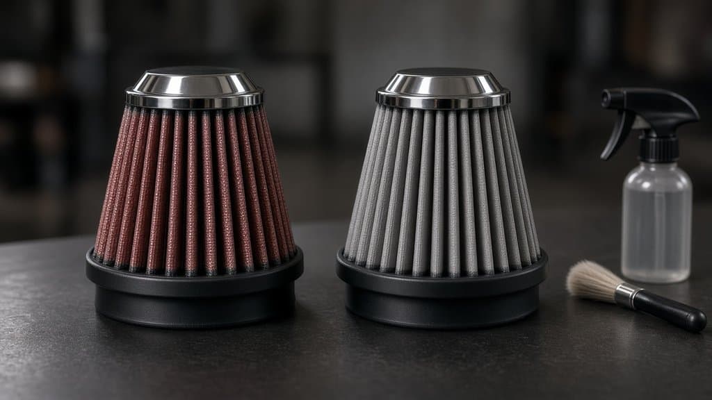 An oiled cotton cold air intake filter next to a dry synthetic filter, with a spray bottle and cleaning brush