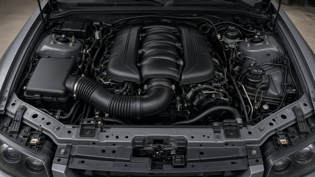 V8 engine bay with the factory plastic airbox and corrugated intake duct, before a cold air intake
