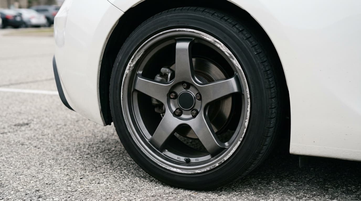 Before repair: curb rash gouges along the lip of a gunmetal alloy wheel