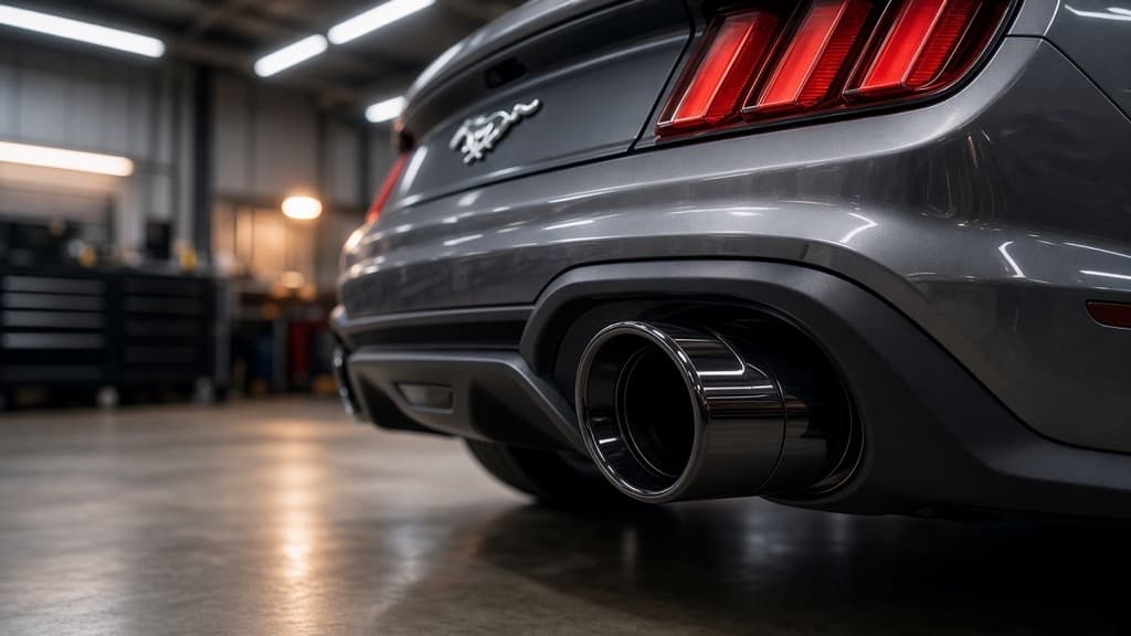 Black exhaust tip on the same gray Ford Mustang GT, blending into the dark rear valance