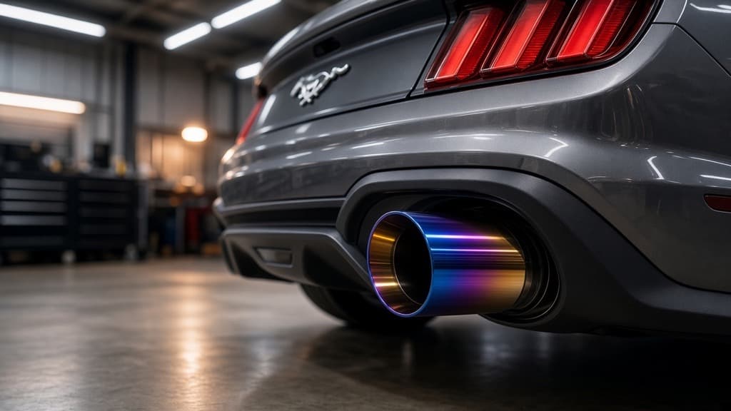 Burnt titanium exhaust tip with a gold, purple, and blue heat gradient on the same gray Ford Mustang GT