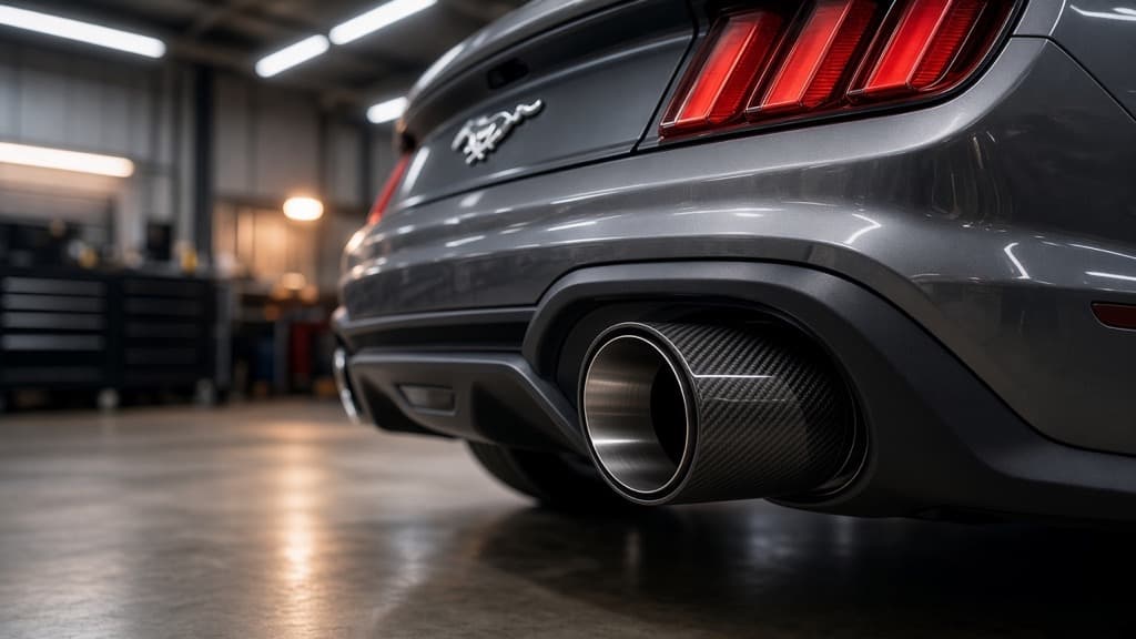 Carbon fiber exhaust tip with a stainless inner wall on the same gray Ford Mustang GT