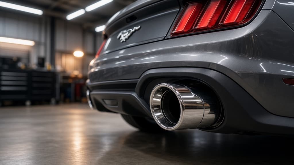 Polished chrome exhaust tip with a rolled edge on a gray Ford Mustang GT