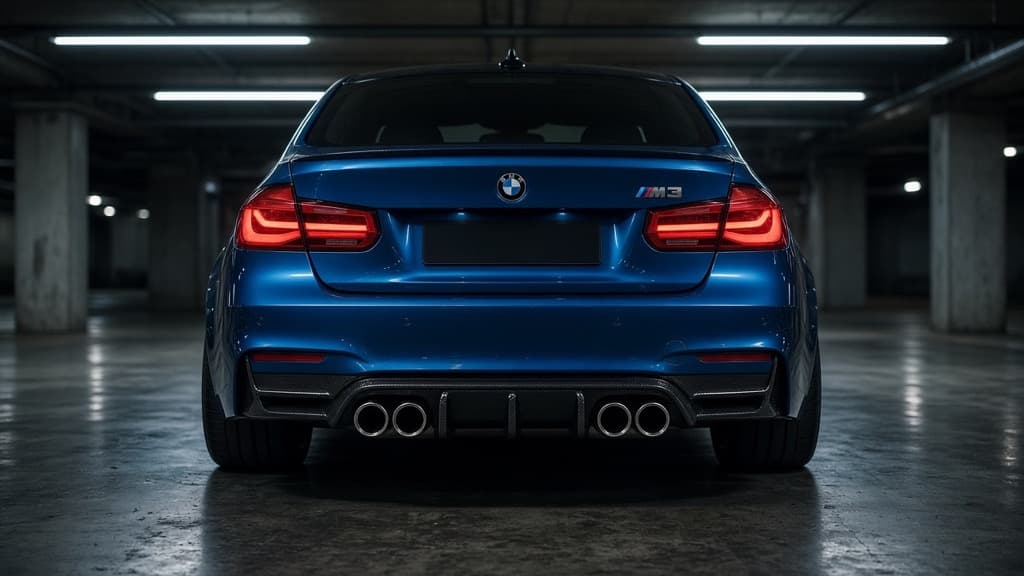 Quad exhaust tips on a blue BMW M3, two per side and perfectly level in the rear diffuser