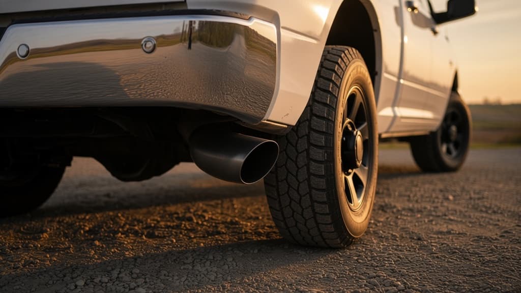 Matte black 5-inch exhaust tip exiting behind the rear wheel of a white heavy-duty diesel pickup truck