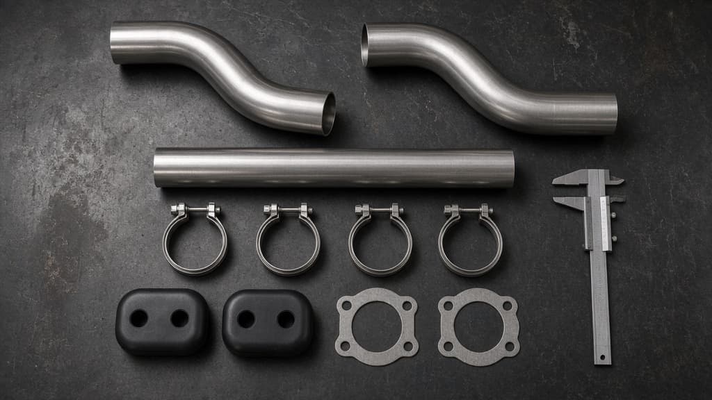 Muffler delete kit on a workbench: mandrel-bent stainless pipes, a straight delete pipe, band clamps, hangers, and gaskets