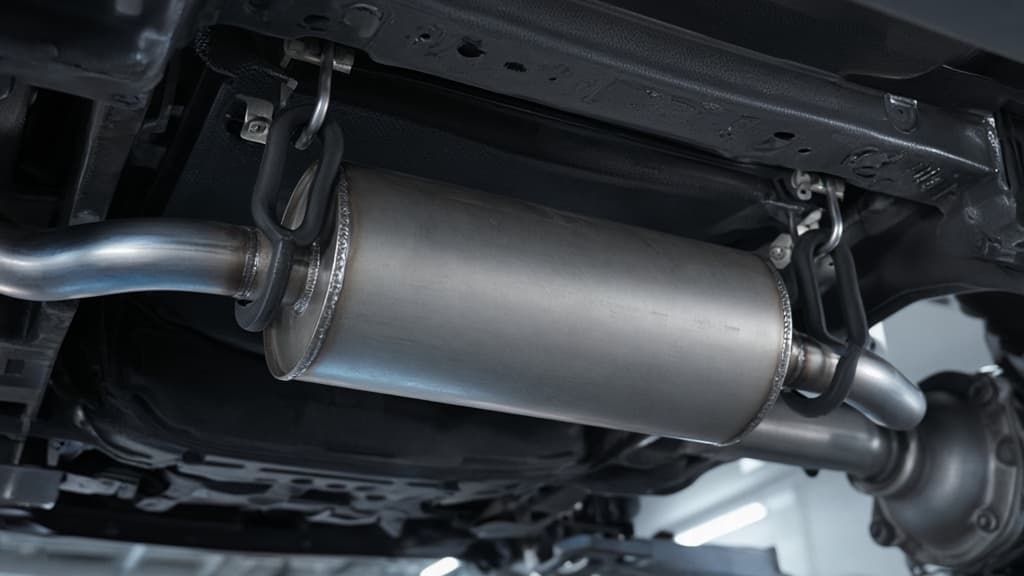 Factory muffler hanging on rubber hangers under a pickup truck, before a muffler delete