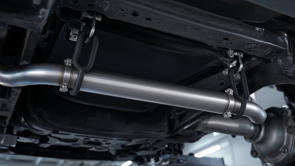 The same truck after a muffler delete, with a straight stainless pipe clamped in where the muffler was