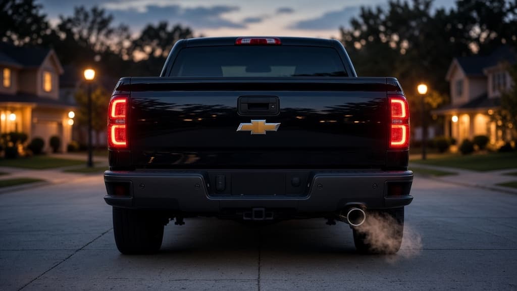 Black Chevrolet Silverado idling in a suburban driveway at dusk, exhaust vapor drifting from its tailpipe
