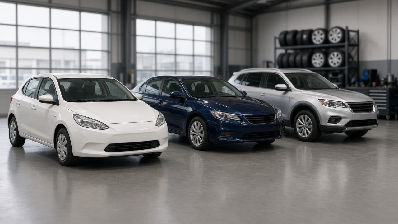 Three customer cars parked in a tidy wheel shop bay, ready for wheel fittings
