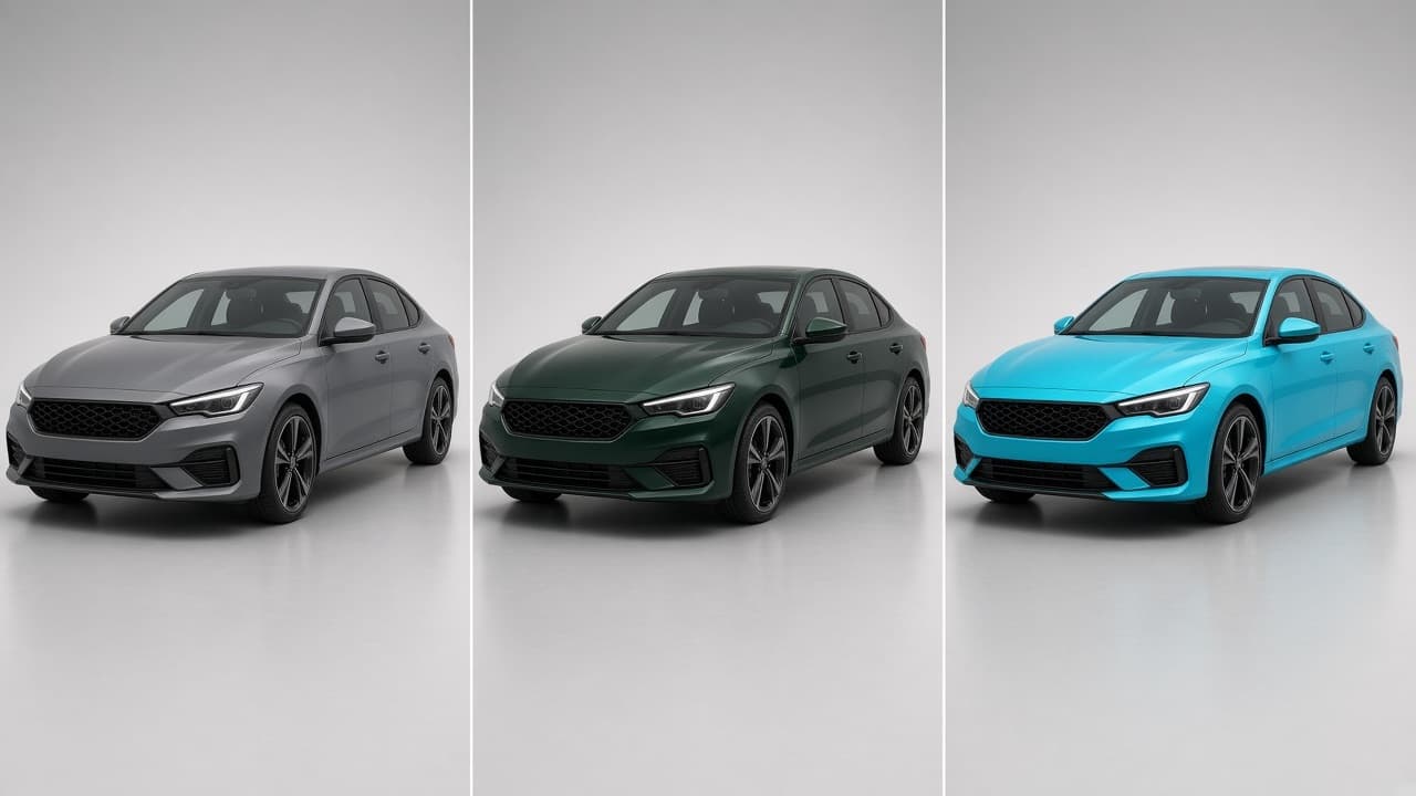 The same sedan rendered in Nardo-style grey, deep racing green, and Miami-style blue